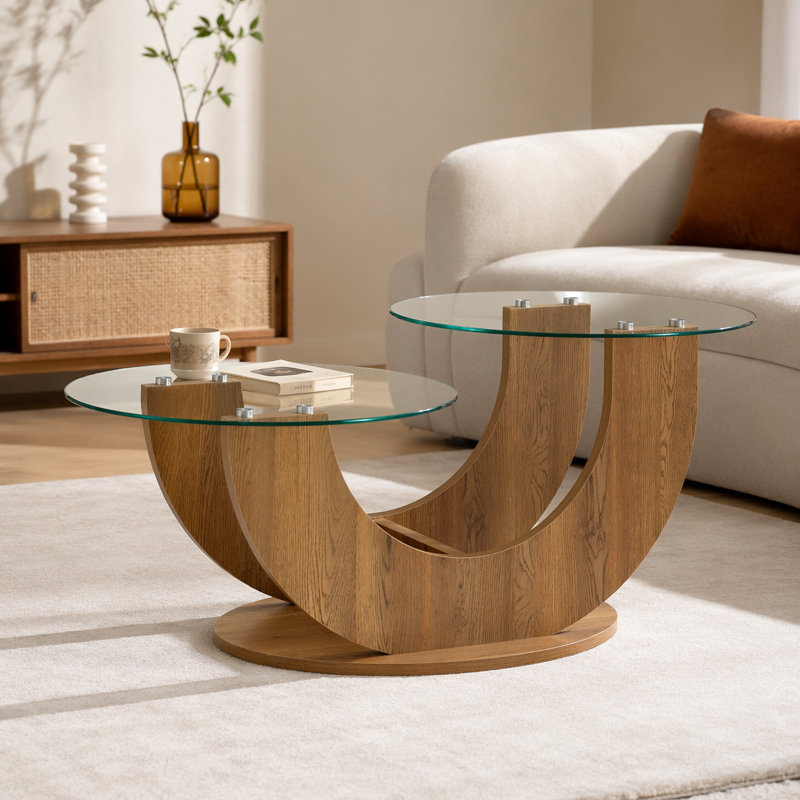 Table basse créative en U à deux niveaux en verre avec base en panneau de fibres à densité moyenne à grain de bois: une table d'appoint de salon moderne et minimaliste à hauteur réglable.