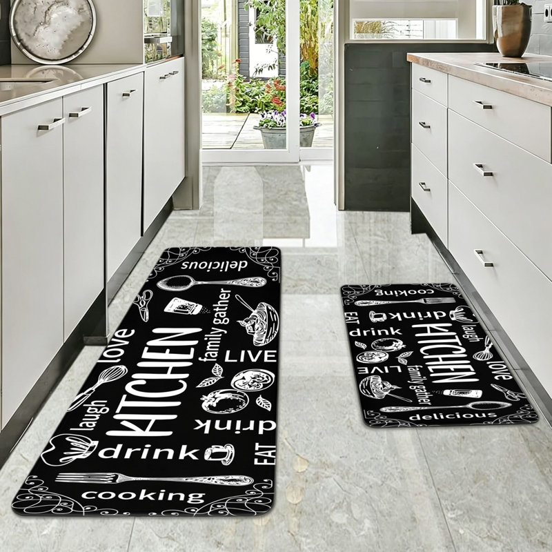 Black White Kitchen Utensil Typography Kitchen Floor Rugs 2 PC, Modern Family Kitchen