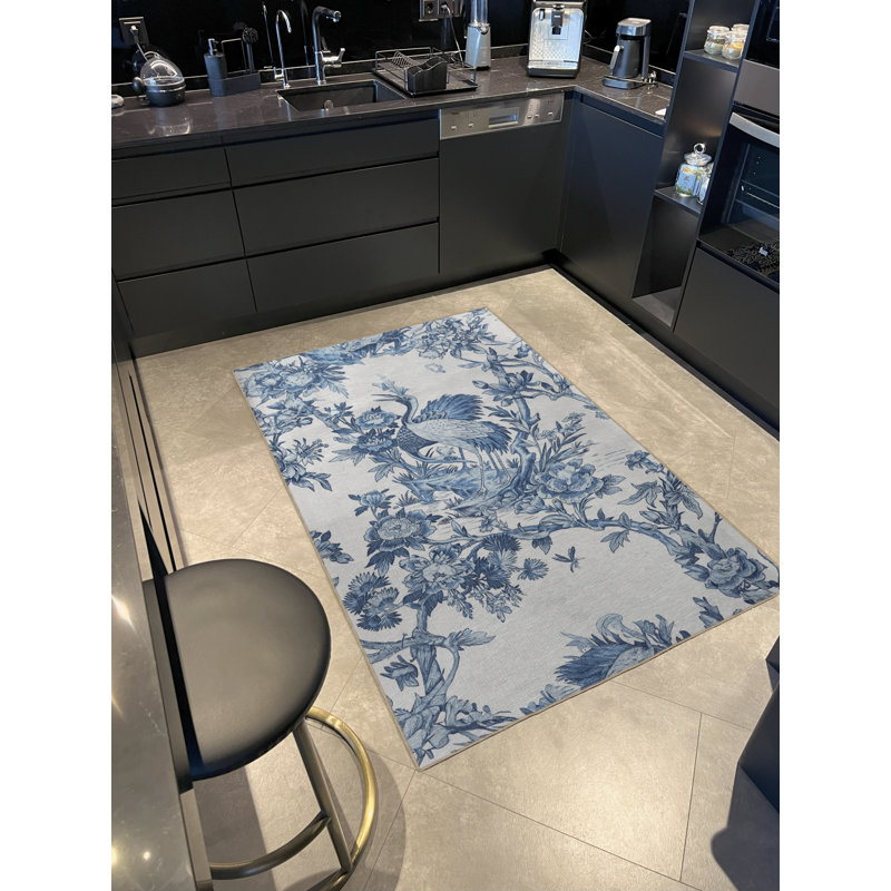 Tapis décoratif moderne à motif bleu arbre, fleur et cigogne, Rectangle 4 pi 7 po x 6 pi 7 po