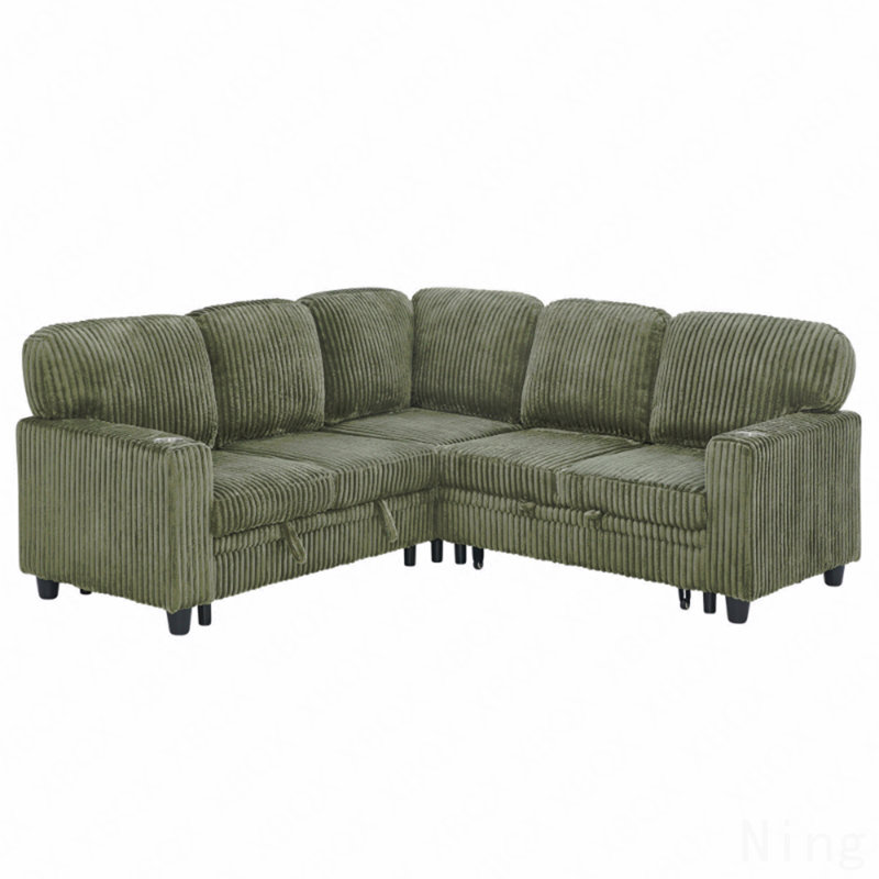 L-Shaped Sectional Sofa Bed With Pull-Out Bed & Storage, 5-Seat Sleeper Couch With Usb Charging, Convertible Design For Living Room, Apartment, Corduroy Fabric, Olive Green