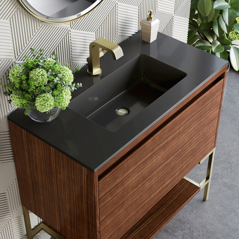 Mantova 35.5'' W Single Vanity, Mid Century Walnut/Champagne Brass, Charcoal Black
