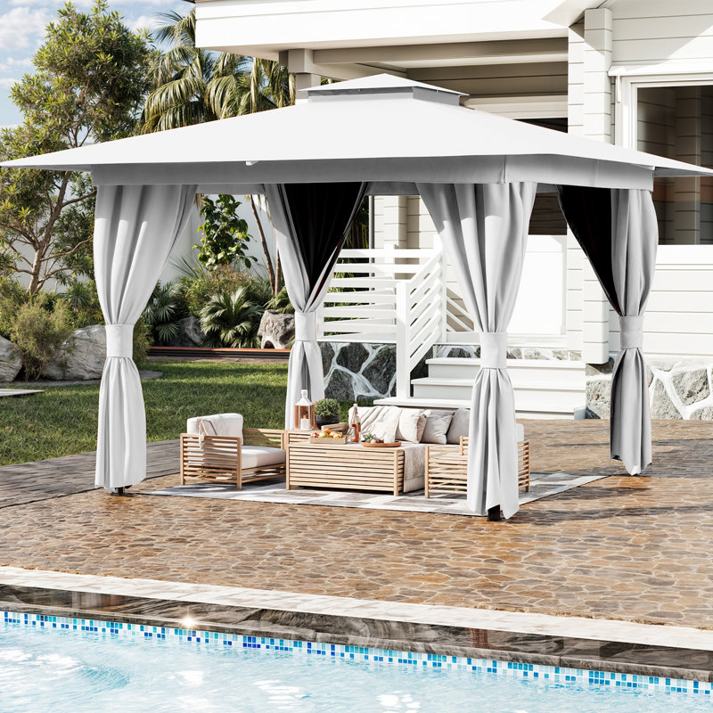 8'x8' Soft-top Gazebo, Heavy-Duty Outdoor Gazebo with Double Roofs, UV Protection & Curtains – Ideal for Patio, Deck, Lawn, and Backyard Use