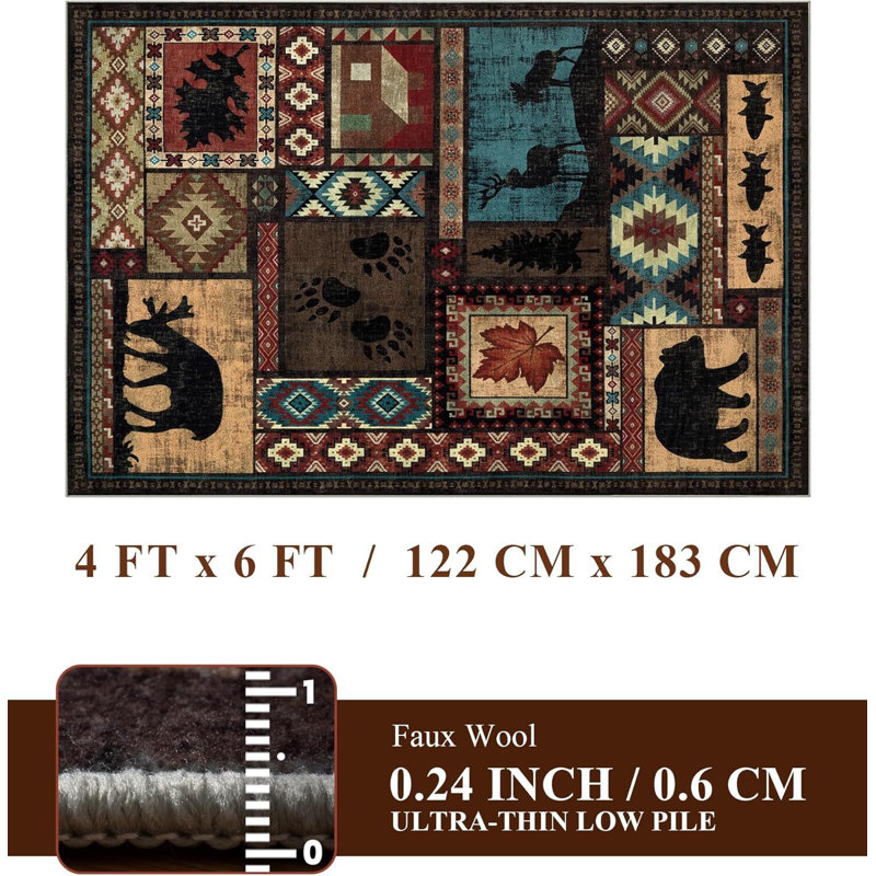 Rustic Lodge Cabin Machine Washable Area Rug with Wildlife Motifs, Rectangle 4' x 6'