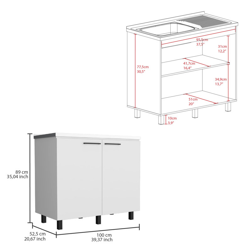 Alexandria 2 Piece Kitchen Set, Wall Cabinet + Utility Sink, White