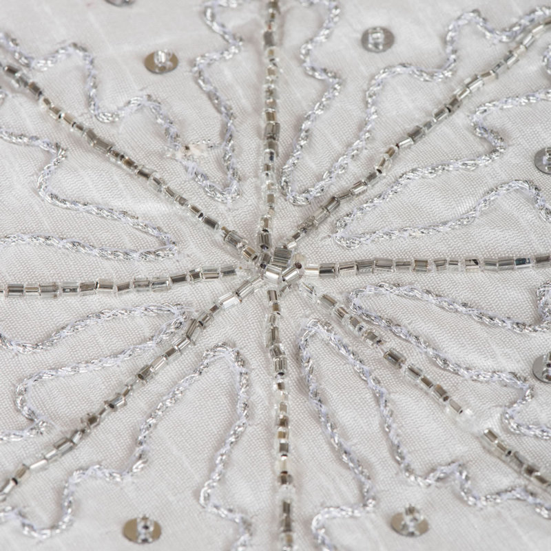 Luxurious White Polysilk Snowflake Pillow with Silver Sequins