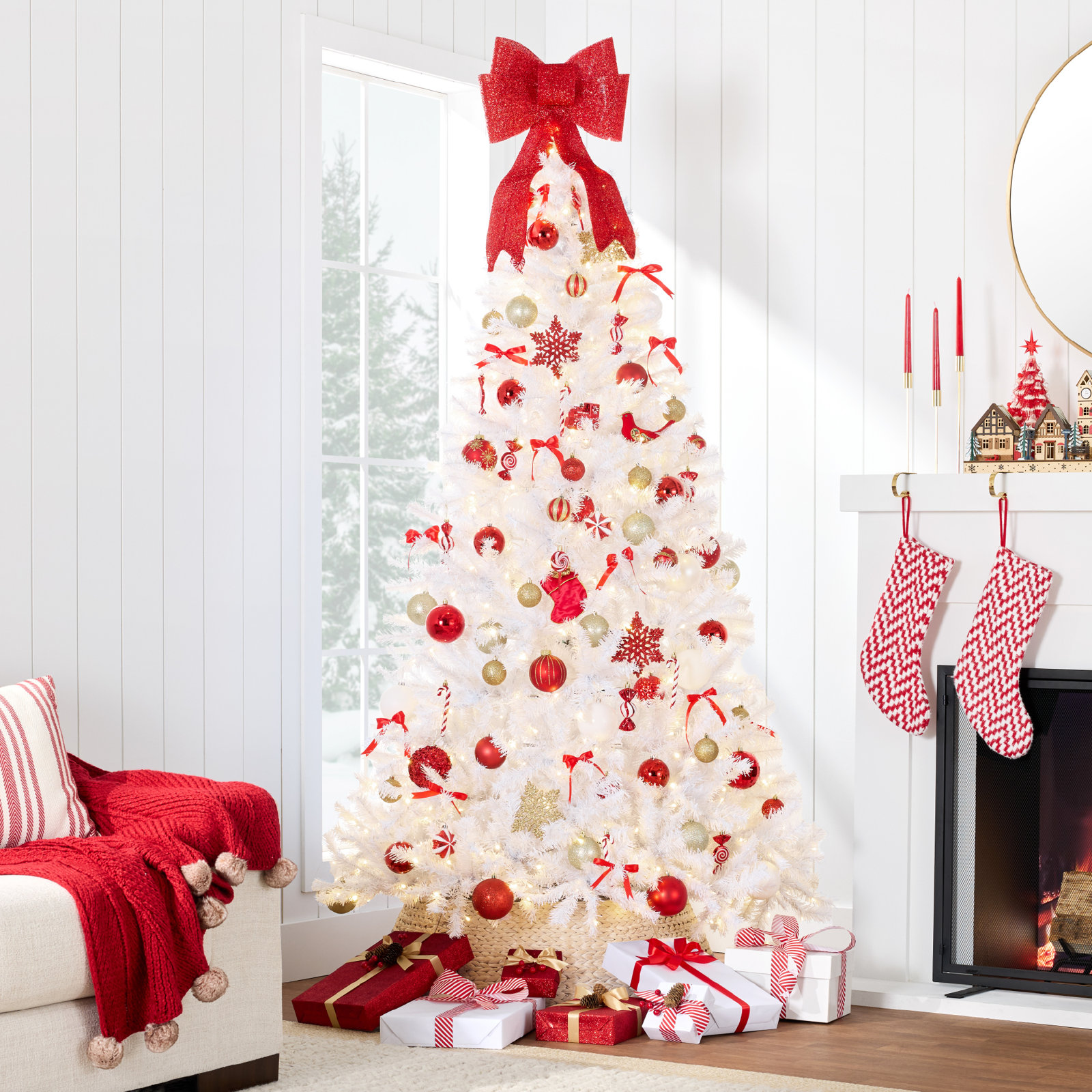 Pre-Lit Premium Hinged Artificial White Christmas Pine Tree w/ Lights, Stand, 9'