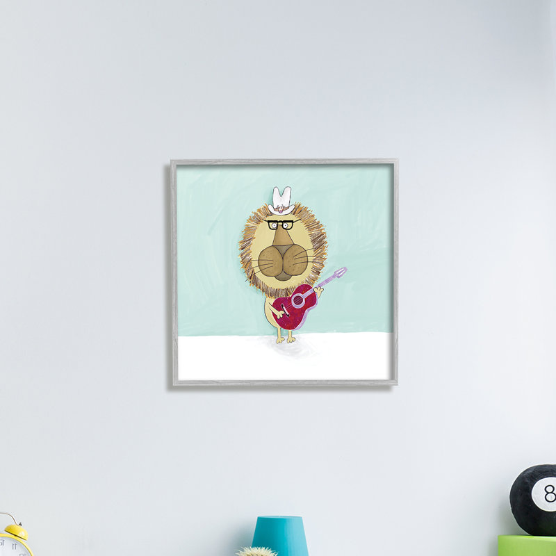 Lion avec chapeau de cowboy jouant de la guitare rouge - Peinture, H 24 po x l 24 po, Cadre blanc