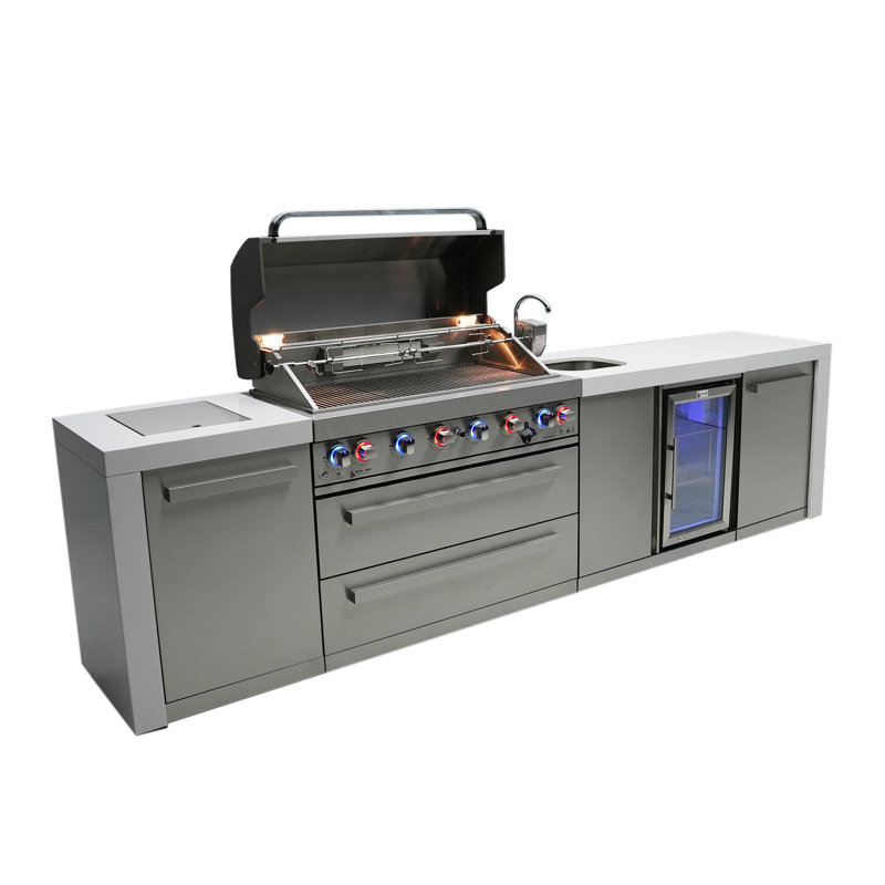 Mont Alpi 6-Burner Stainless Steel Outdoor Kitchen Island Gas Grill + Beverage Center