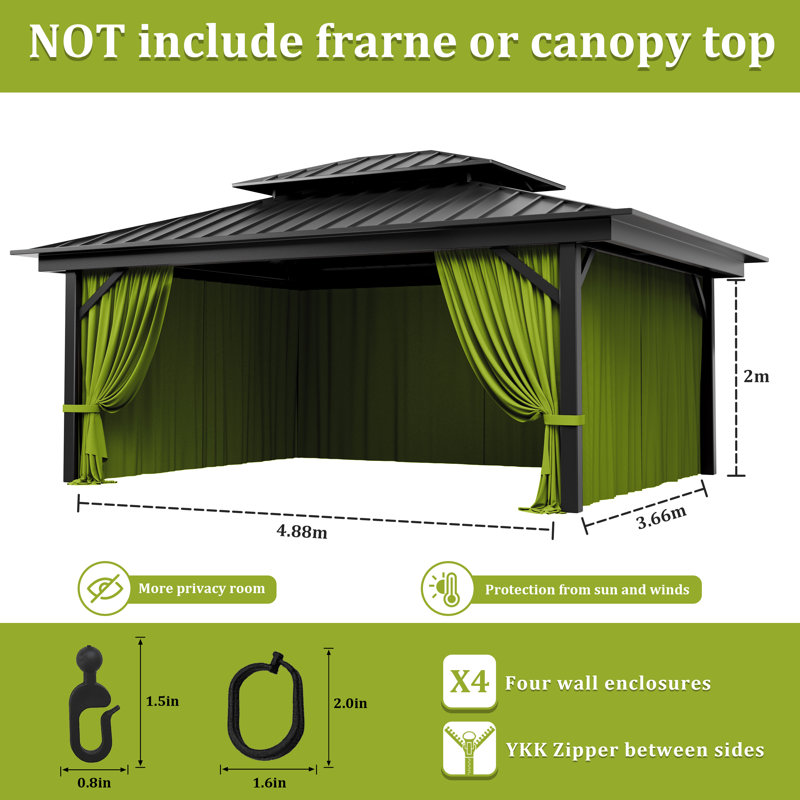 4-Panels Sidewall Curtains For Gazebo, Only Curtains, 78.74" H x 192" W x 144" D, Grass Green