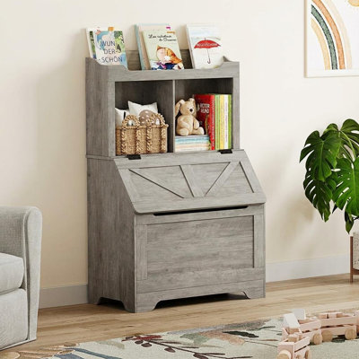 Armoire de rangement blanche à casiers multiples avec coffre à jouets rabattable, organisateur autoportant avec compartiments ouverts et tablettes de présentation pour le salon de la chambre à coucher