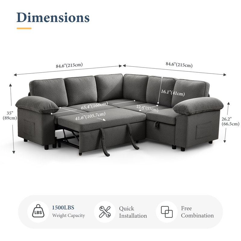 Waldorf 84.6" 5-Seat L-Shaped Sectional Sleeper Sofa with Pull-Out Bed & Storage, Gray 