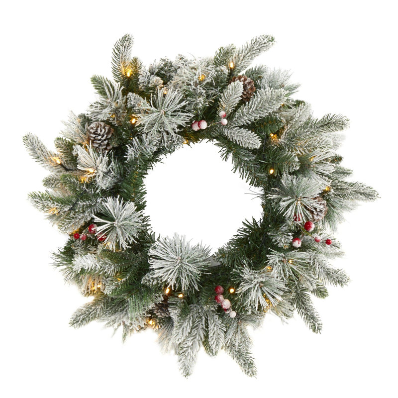Flocked Wreath with LED Lights, Pine Cones and Berries