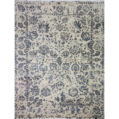 Tapis ivoire / bleu marine noué à la main de haute qualité