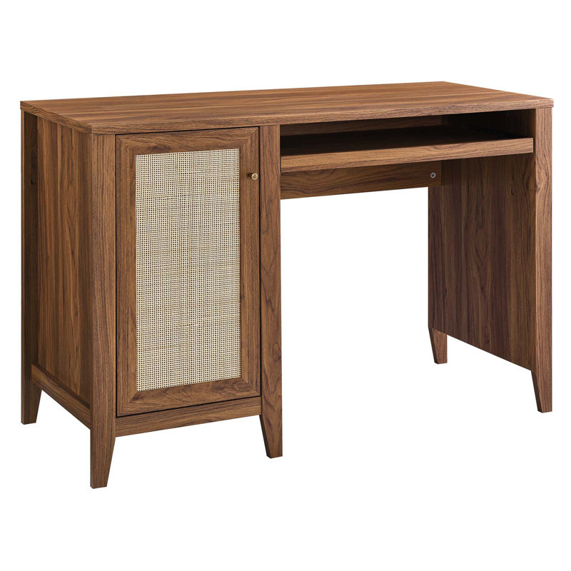 Walnut Wood Office Desk with Rattan Door and Keyboard Tray