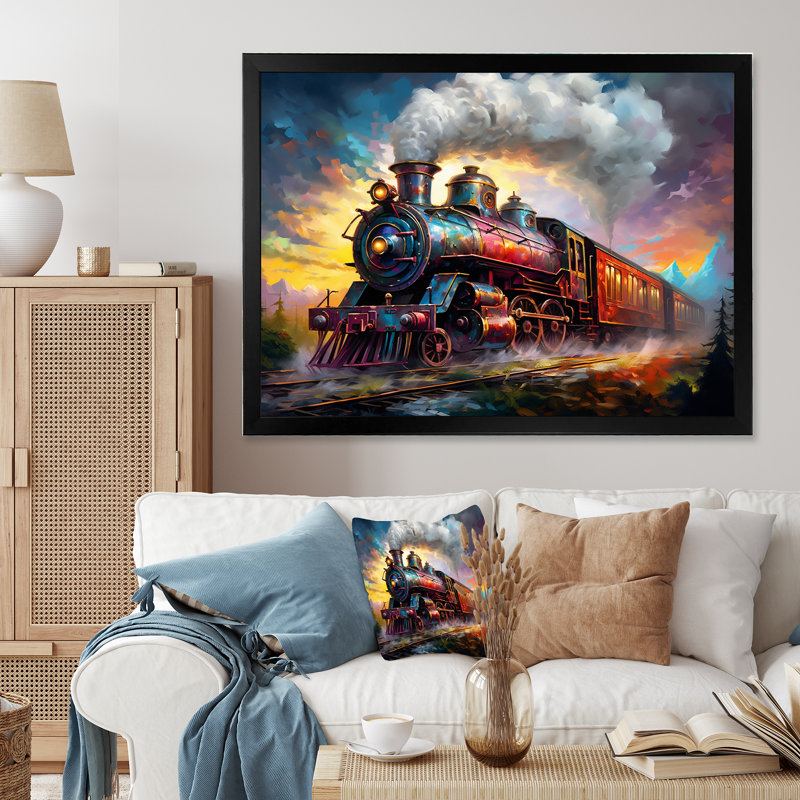"Steamtrain Travelling In The Sunset", reproduction d'art sur toile I, H 12 po x l 20 po x P 1 po, Cadre simple noir