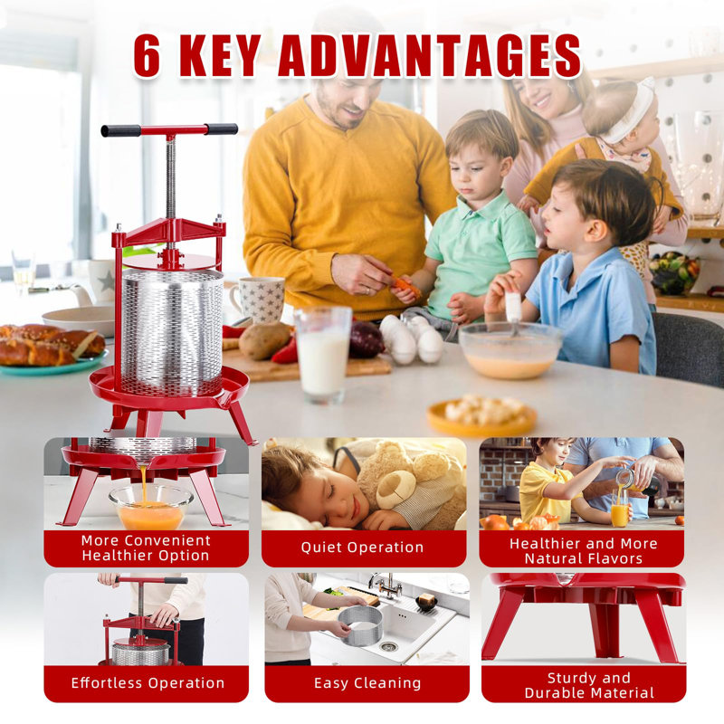 Stainless Steels Fruit Wine Press and Juice Maker, Ideal for Wine, Cider, Apple, Tincture, Vegetables, Honey, Olive Oil Features T-Handle, Stable Triangular Structure, 3.69 Gal/15L Capacity