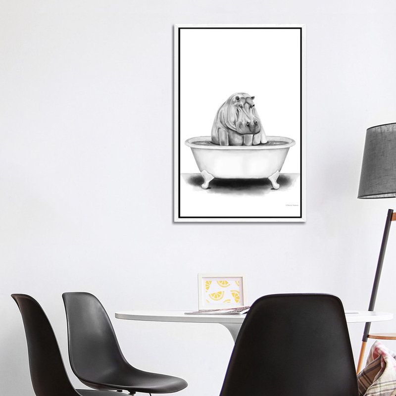 Hippo In Tub by Rachel Nieman - Print on Canvas, 101.6cm H x 66.04cm W x 3.81cm D, White Framed