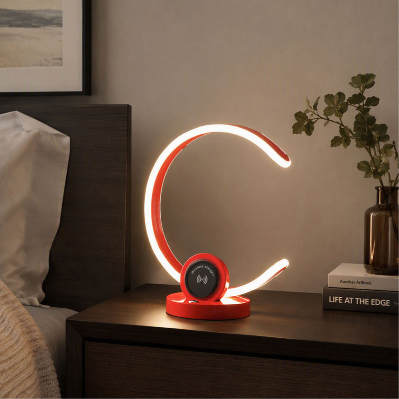Table Lamp, 13.25", Modern C-Shape with USB/Wireless Charger & Touch Dimmer, Bright Red