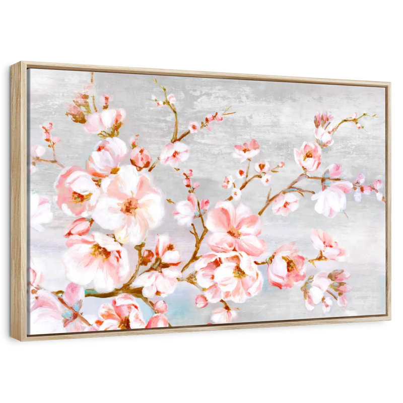 Fleurs de cerisier au printemps, 19 po x 13 po, Cadre flottant en bois naturel