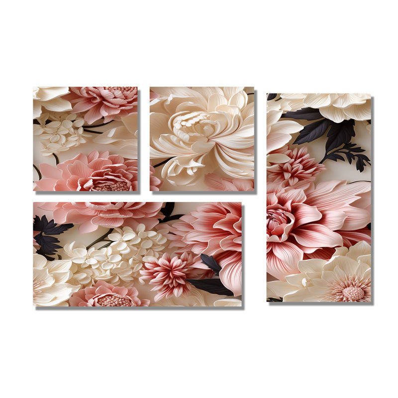 Pivoine délicate rose et blanche, collage de 4 pièces - art mural rose, Toile tendue, Ne s’applique pas