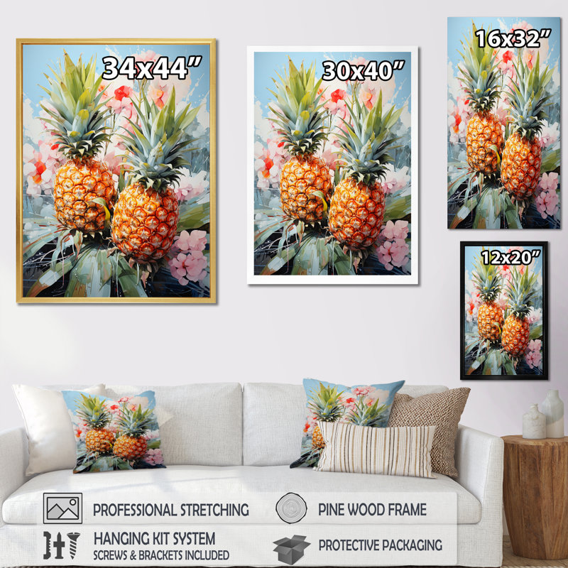 Pineapples Floral Bouquet II - reproduction de cadre flottant sur toile, Cadre photo blanc, H 40 po x l 30 po x P 1,5 po