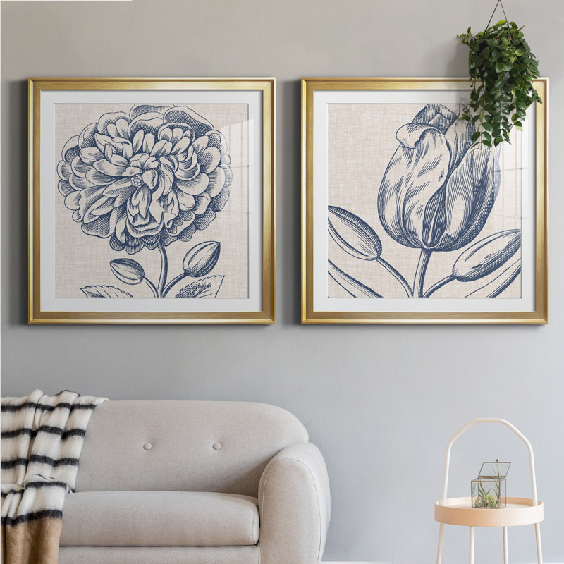 " Indigo Floral On Linen III " 2 - Pieces, 30.5" H x 61" W, Gold, Framed Print with Mat