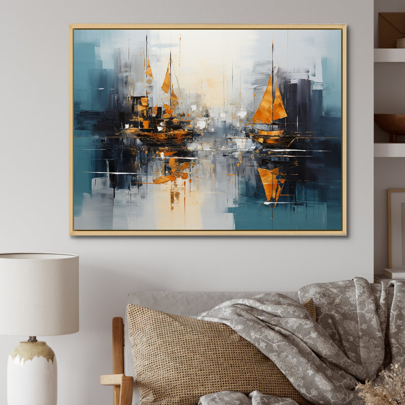 «Moonlight Saiboat Collage Horizon I», art mural de bateau à voile, H 34 po x l 44 po x P 1,5 po, Cadre d'angle fermé noir