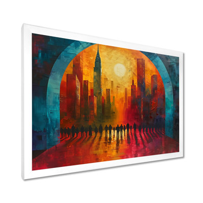 Rouge, bleu, ville, connexion, été, ciel, gratte-ciel, ponts, art mural, salon
