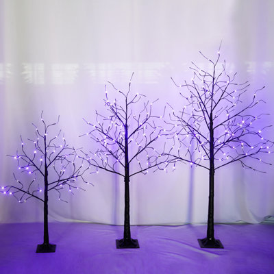 3 Piece Lighted Spooky Trees For With Purple Glow - 4ft, 5ft, 6ft Black Mysterious Centerpieces, Artificial Lighting Party Decor, Adjustable Branch Shape