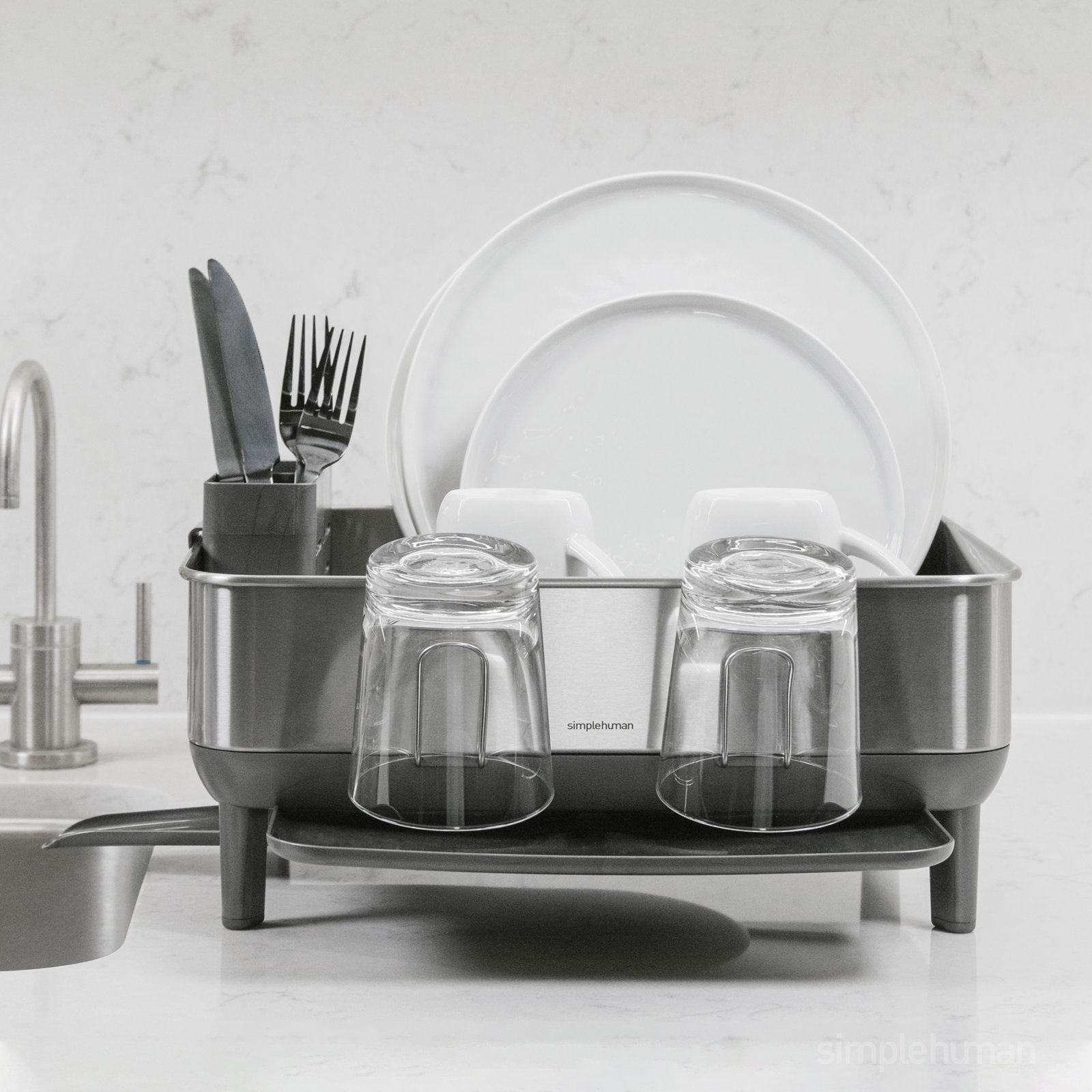 simplehuman Compact Dish Rack with Swivel Spout, Brushed Steel/Gray