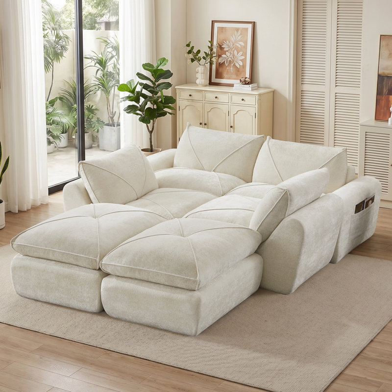 Canapés modulaires Boneless, Chenille beige, Forme en U (6 sièges)