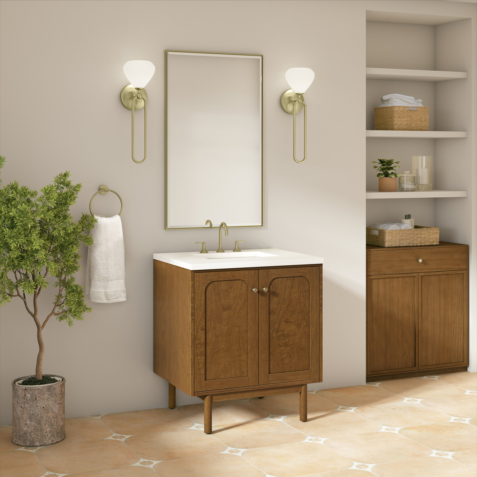 Laurent 30'' Single Bathroom Vanity, Honey Brown, White Zeus, 8" Widespread