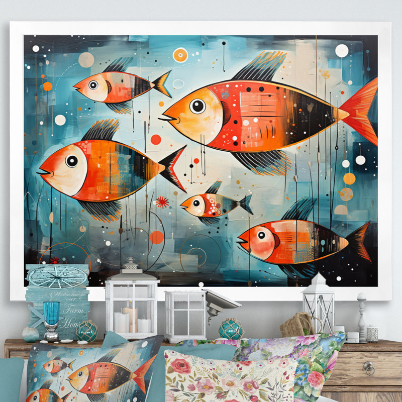 " Minimalism Fish Collages II ", 24" H x 32" W x 1" D, White Single Picture Framed