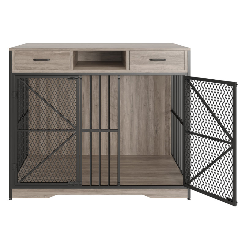 Meuble-cage en bois brun et noir de 44 po avec tiroirs, compartiment de rangement ouvert et portes doubles verrouillables, chenil de table de bout robuste pour petits et grands chiens