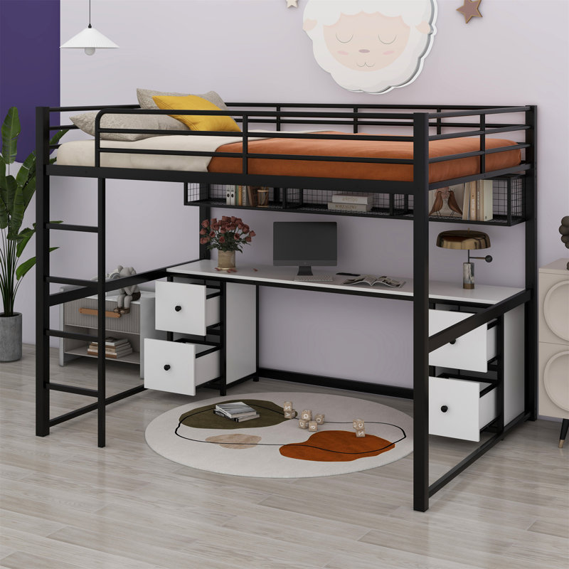 Lit mezzanine double avec tiroirs Alekzander Kids, Noir