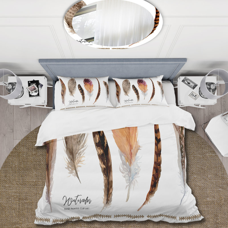 Exotic Vibrant Boho Feathers - Bohemian & Eclectic Duvet Cover Set - Microfiber Polyester, King Duvet Cover + 2 King Shams