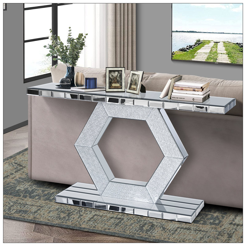 Contemporary Hexagonal Crystal Glass Console Table with Dual-Tier Mirrored Design for Elegant Home Decor