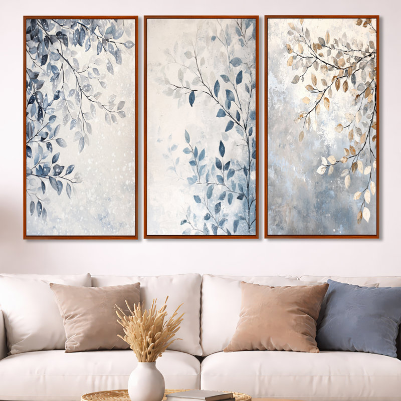 Branches, laissez dans la neige - feuilles, art mural encadré 3 pièces, H 40 po x l 60 po, Brown Floater Framed
