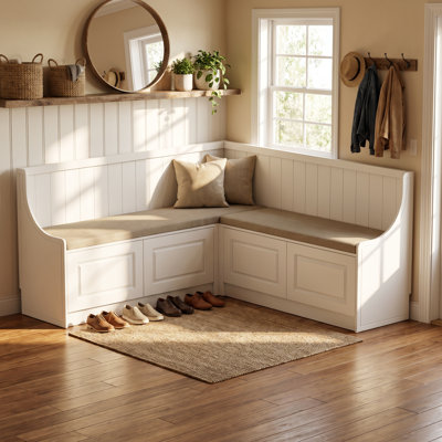 Banc de rangement à chaussures d'angle blanc en forme de L de 63 pouces avec dossier, coussins et 4 tiroirs