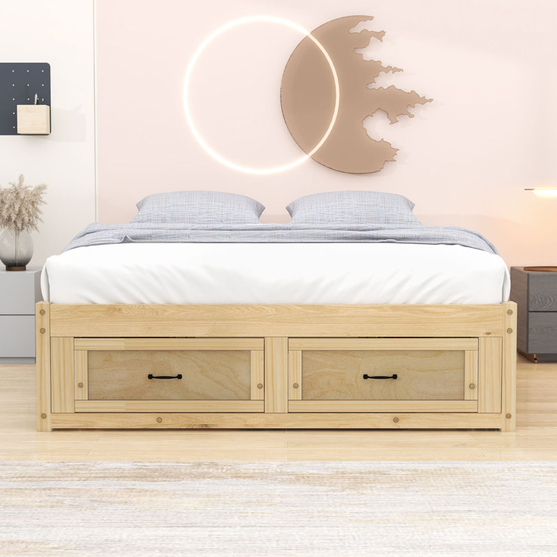 Wooden Platform Bed with 6 Drawers, Antique Natural, Queen