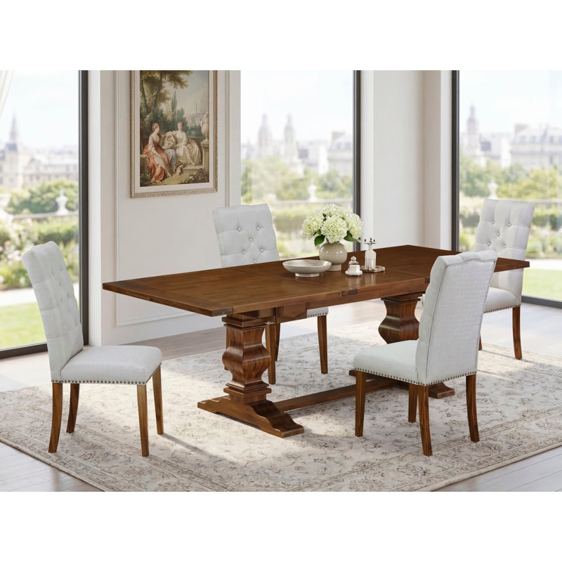 5 Piece Dining Table Set for 4 Includes a Rectangle Kitchen Table with Removable Leaf and 4 Grey Linen Fabric Parson Dining Chairs, Antique Walnut