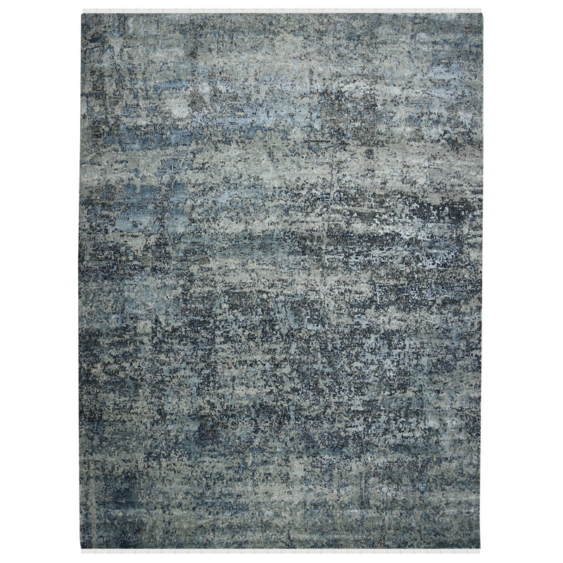 Tapis bleu en laine et en soie noué à la main Bergson, Rectangle 8 pi x 10 pi