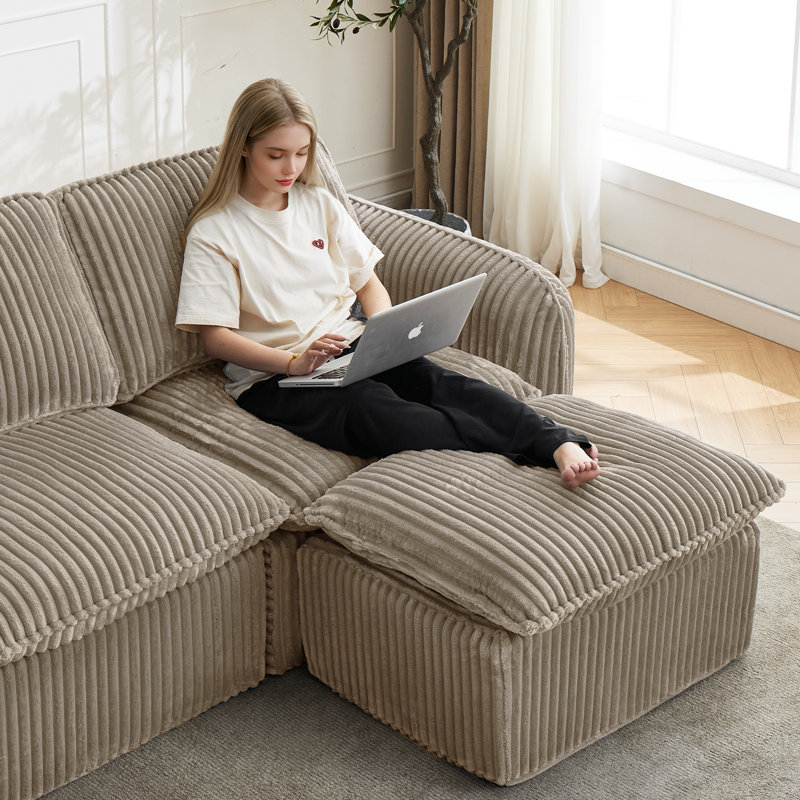Canapé modulaire avec repose-pieds Boneless, Velours côtelé chameau