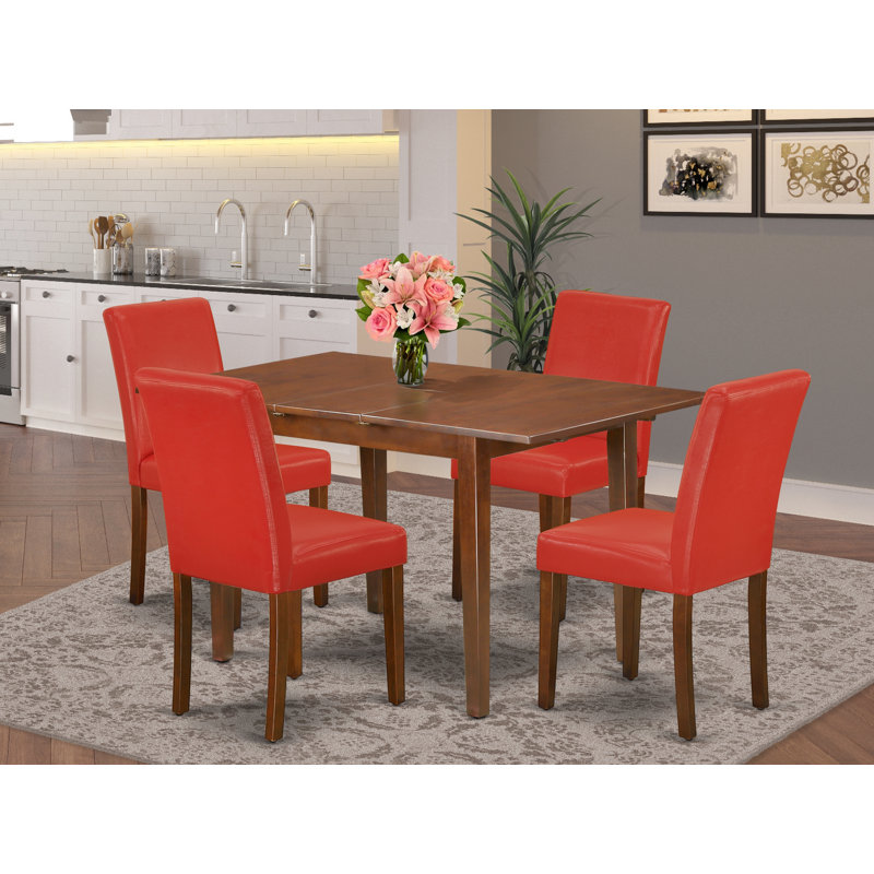 5 Piece Dining Table Set Includes a Rectangle Wooden Table with Butterfly Leaf and 4 Firebrick Red Faux Leather Chairs, Mahogany