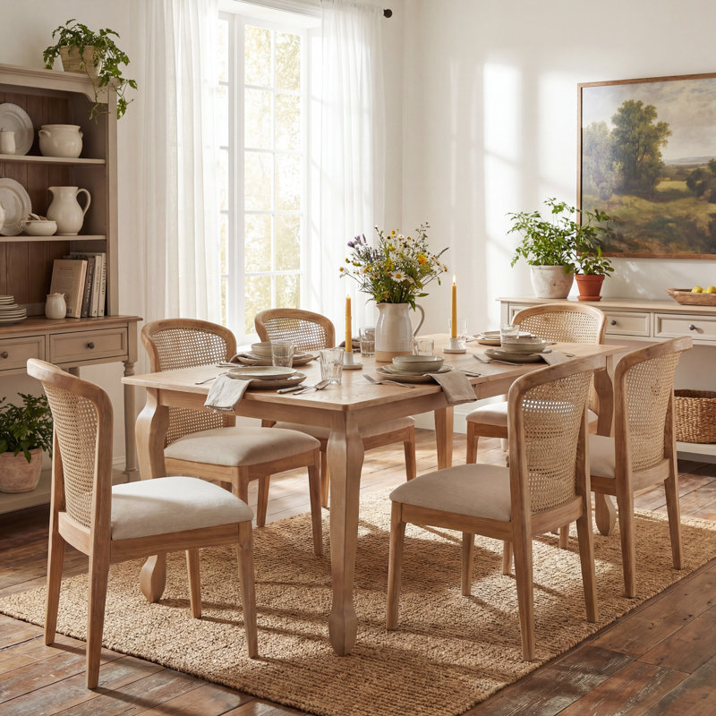Danville 7-Piece Mid Century Modern Rubberwood Dining Table Set With Cane Chairs, Light Ash