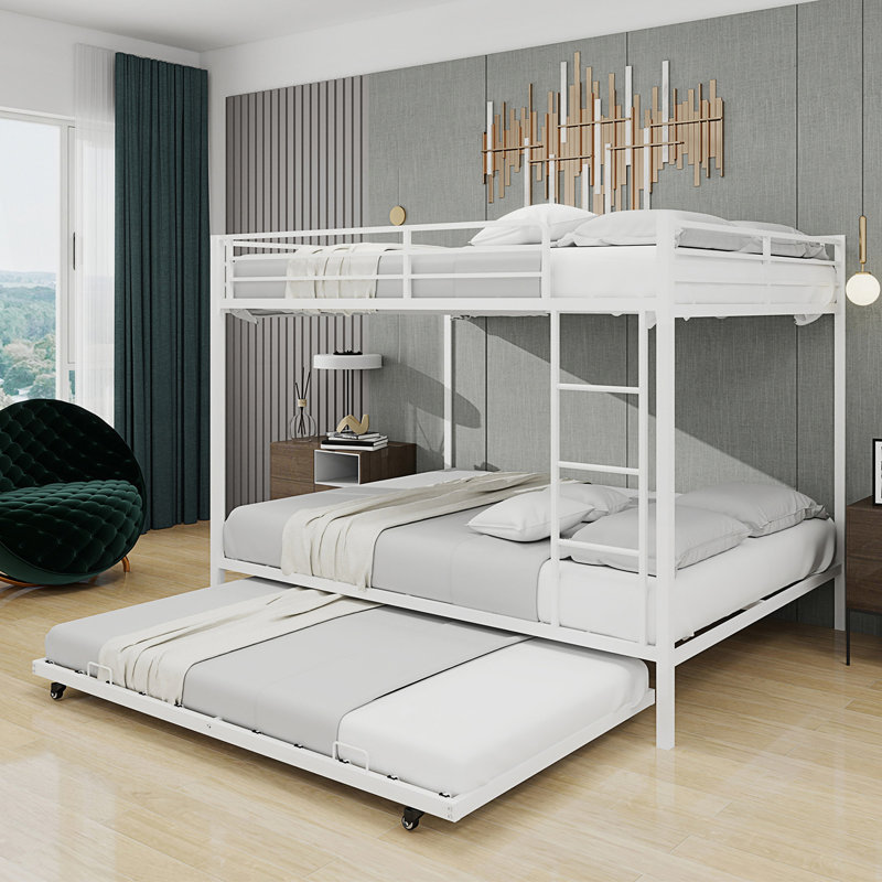 Queen Size Bunk Bed With Trundle, White, Queen