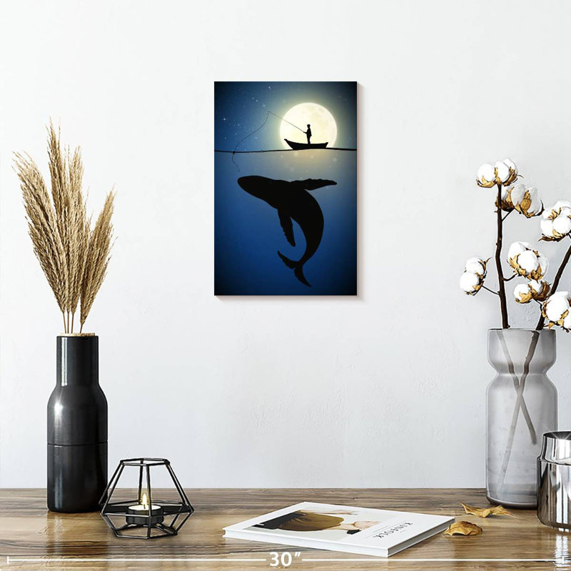 Pêche à la baleine au clair de lune Senne, H 12 po x l 8 po