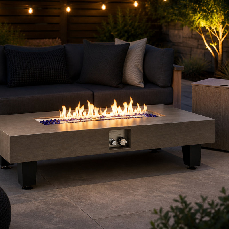 Table de foyer d'extérieur au propane 54 po 54 po, chaufferette d'extérieur aspect bois taupe 50 000 BTU avec housse de pluie