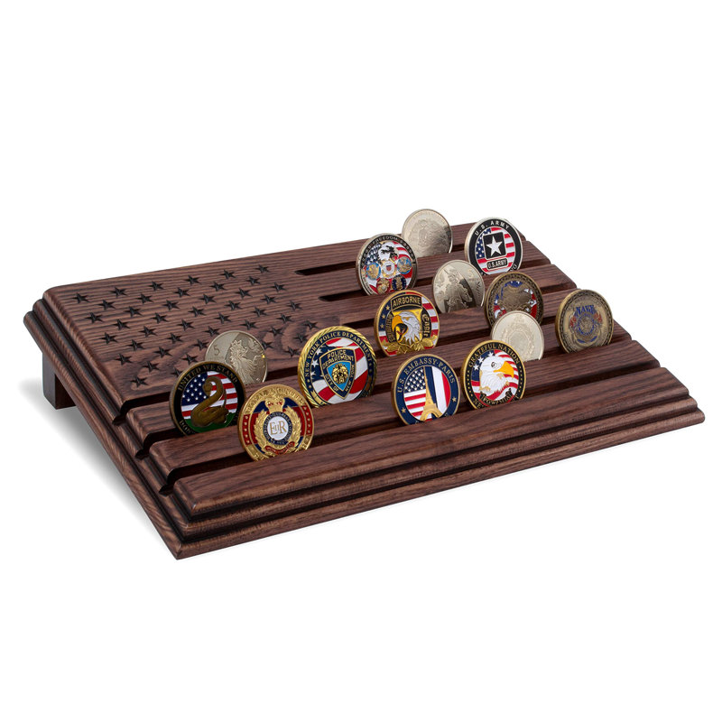 6 Rows Military Challenge Coins Stand Holder Display Rack Wooden Army Collectible Challenge Coin Display Case Wood Stand, Holds 30-36 Coins Natural Solid Wood Brown  (Brown)