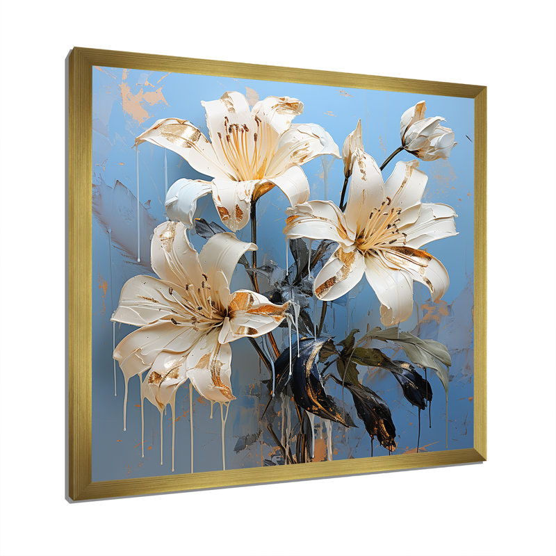 Radiant Serenade, pétales de lis sur toile, Cadre doré simple, H 30 po x l 30 po x P 1 po
